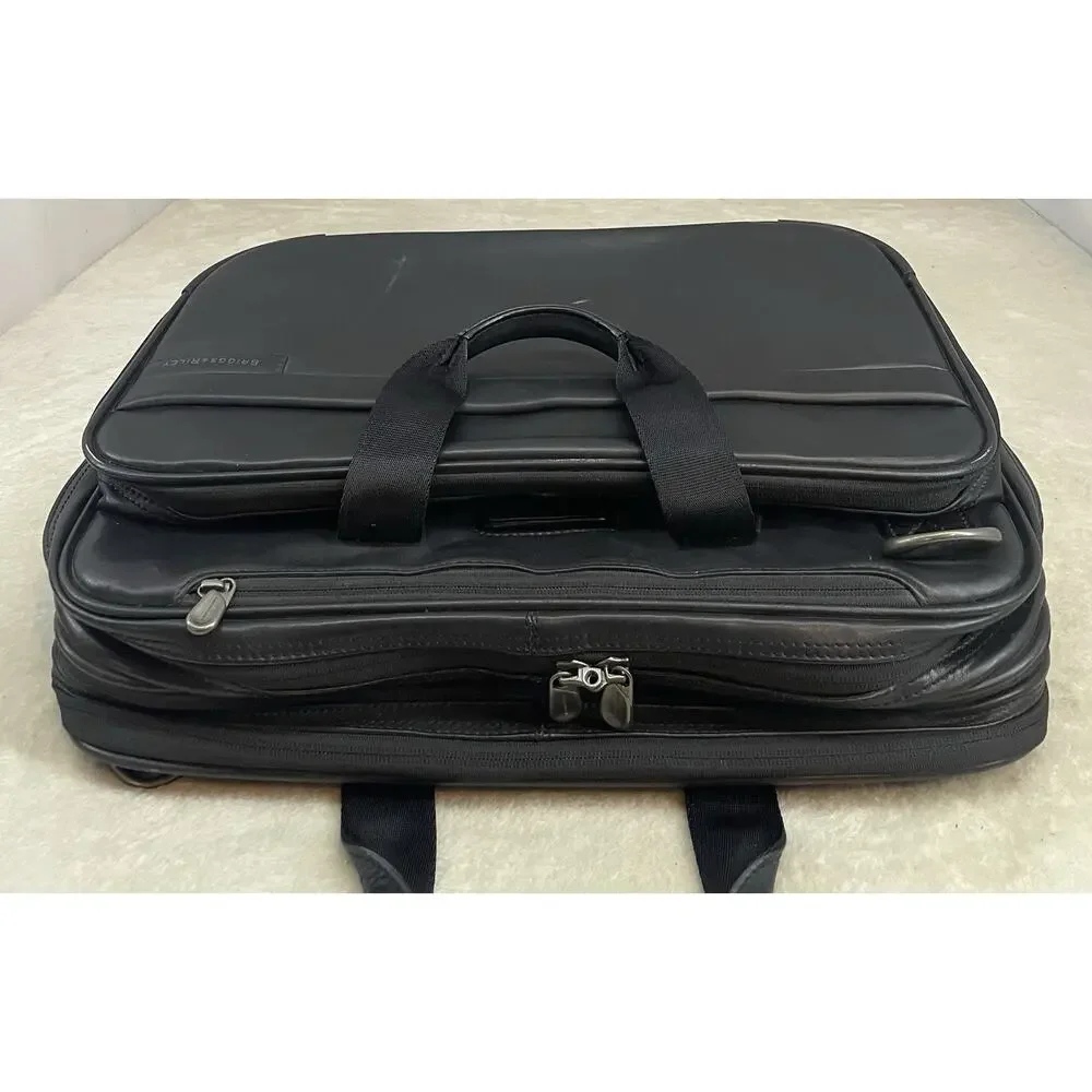BRIGGS & RILEY LB104X Black Leather Expandable Laptop Commute Briefcase Bag